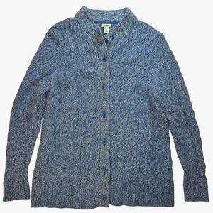 LL Bean Cable Knit Cardigan Button Up Womens L Pet. Blue Fisherman Coastal Grand